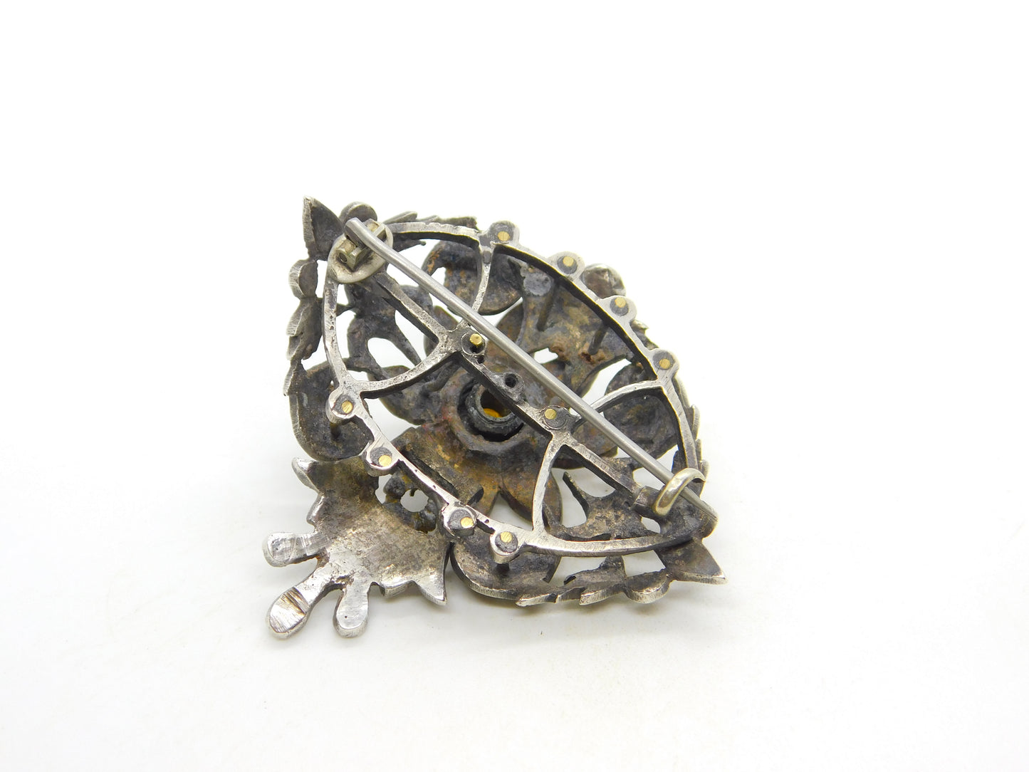 18th Century Iberian Sterling Silver & Gold Paste Set Floral Brooch Antique