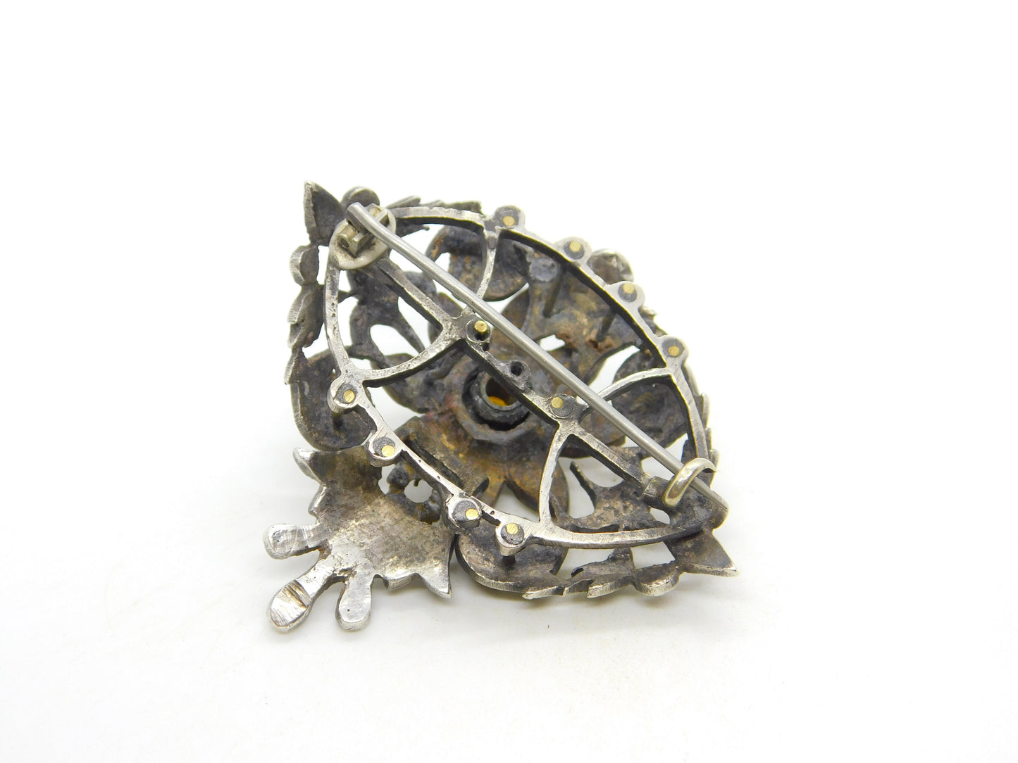 18th Century Iberian Sterling Silver & Gold Paste Set Floral Brooch Antique