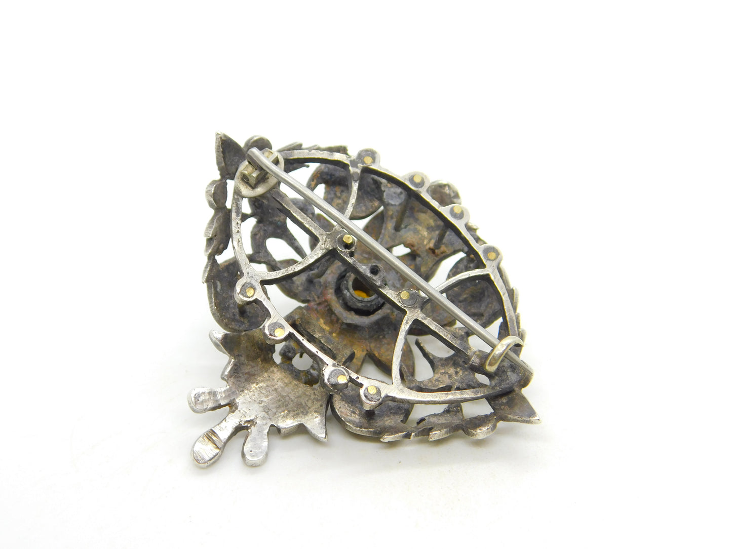 18th Century Iberian Sterling Silver & Gold Paste Set Floral Brooch Antique