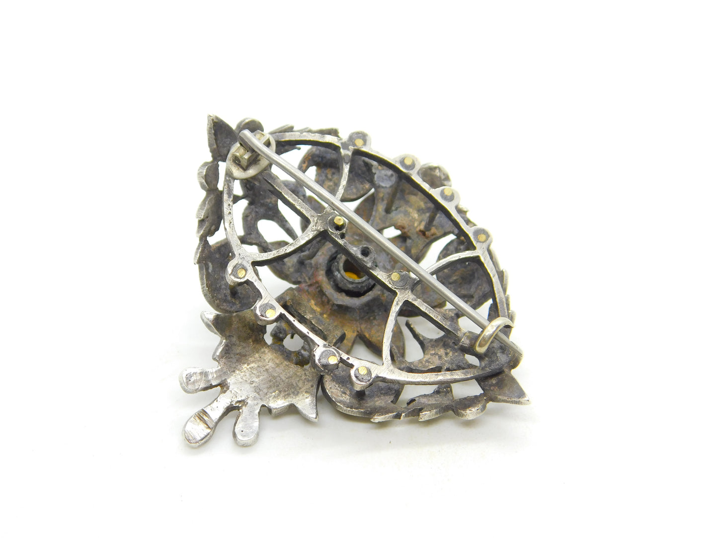 18th Century Iberian Sterling Silver & Gold Paste Set Floral Brooch Antique