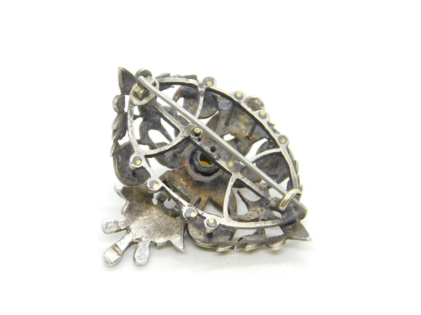 18th Century Iberian Sterling Silver & Gold Paste Set Floral Brooch Antique