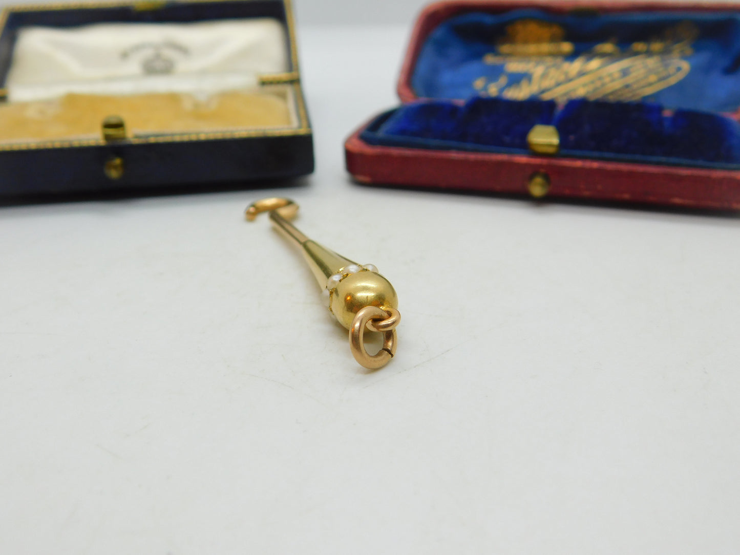 Victorian 15ct Yellow Gold & Seed Pearl Button Hook Fob Pendant Antique c1890