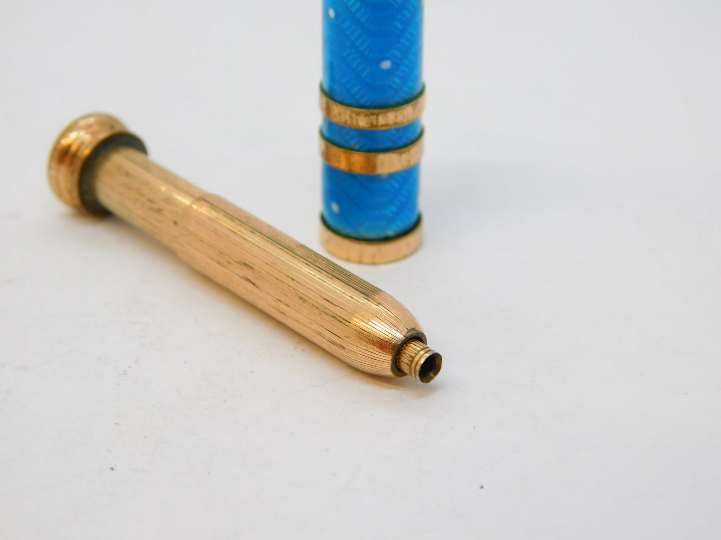 Edwardian Rolled Gold Blue Guilloche Enamel Propelling Pencil Fob Antique c1910