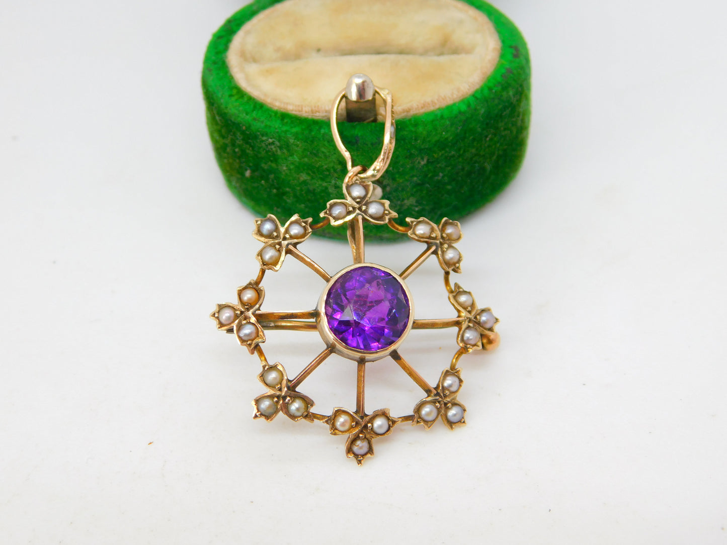 Edwardian 9ct Gold, Amethyst & Seed Pearl Floral Drop Pendant Antique c1910