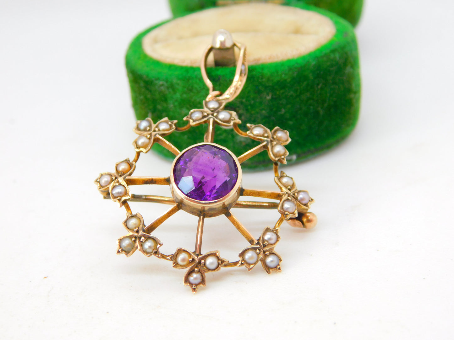 Edwardian 9ct Gold, Amethyst & Seed Pearl Floral Drop Pendant Antique c1910