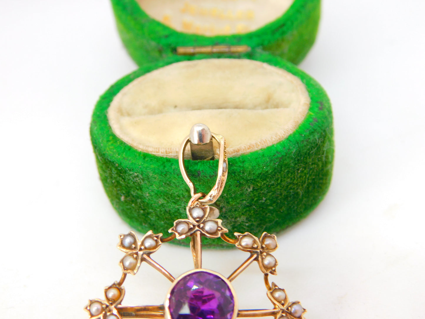 Edwardian 9ct Gold, Amethyst & Seed Pearl Floral Drop Pendant Antique c1910