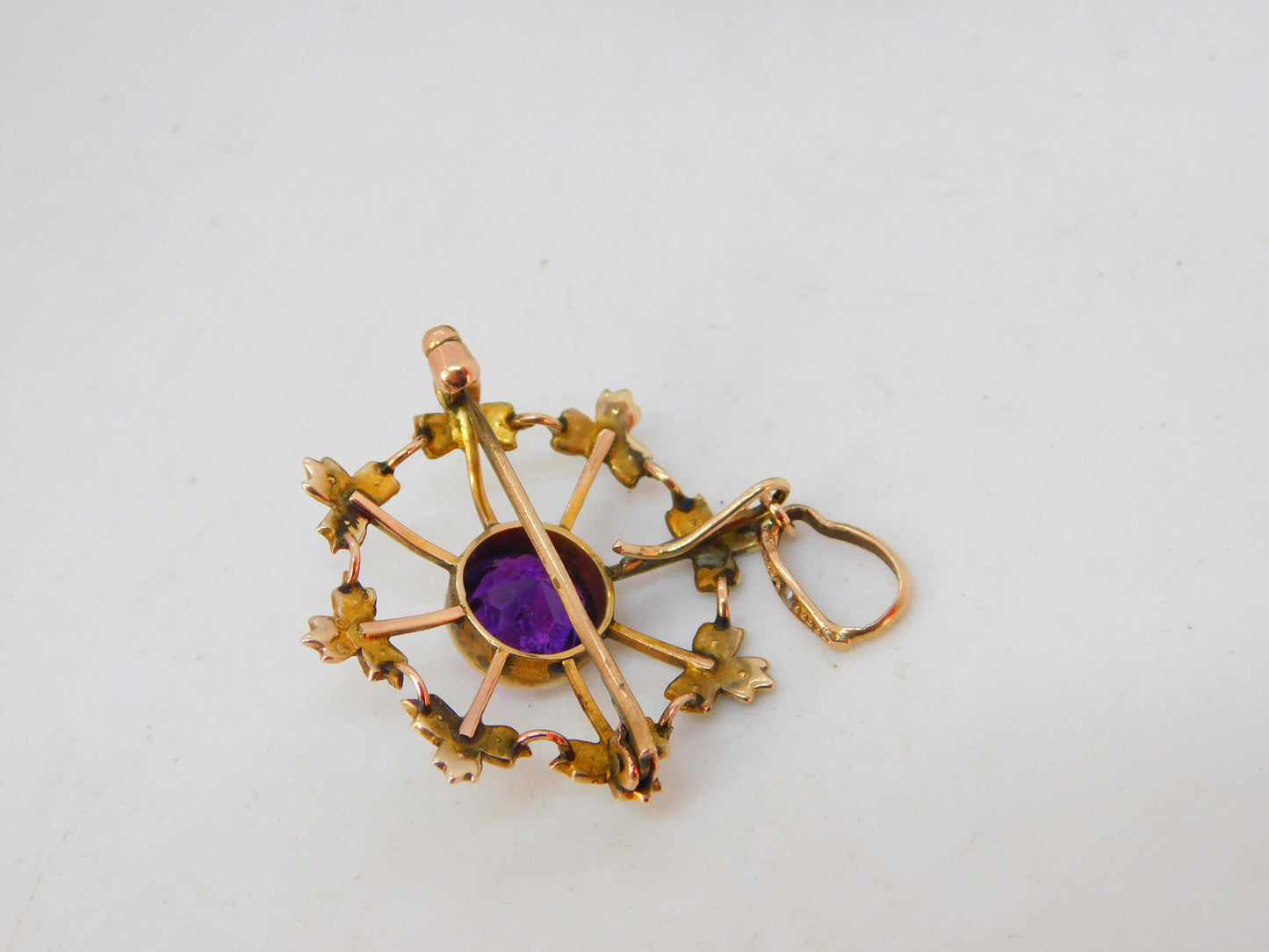 Edwardian 9ct Gold, Amethyst & Seed Pearl Floral Drop Pendant Antique c1910