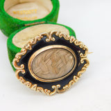 Victorian 9ct Gold, Black Enamel & Hair Mourning Brooch Antique 1852