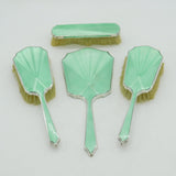 Sterling Silver Green Guilloche Enamel Mirror & Brush Set Antique 1935 Art Deco