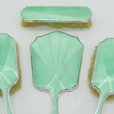 Sterling Silver Green Guilloche Enamel Mirror & Brush Set Antique 1935 Art Deco