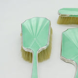 Sterling Silver Green Guilloche Enamel Mirror & Brush Set Antique 1935 Art Deco