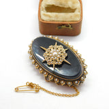 Victorian 14ct Gold, Seed Pearl & Jet Starburst Mourning Brooch c1860 Antique
