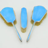 Silver Plated Blue Guilloche Enamel Three Piece Vanity Set Antique c1930 Deco