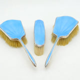 Silver Plated Blue Guilloche Enamel Three Piece Vanity Set Antique c1930 Deco