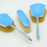 Silver Plated Blue Guilloche Enamel Three Piece Vanity Set Antique c1930 Deco