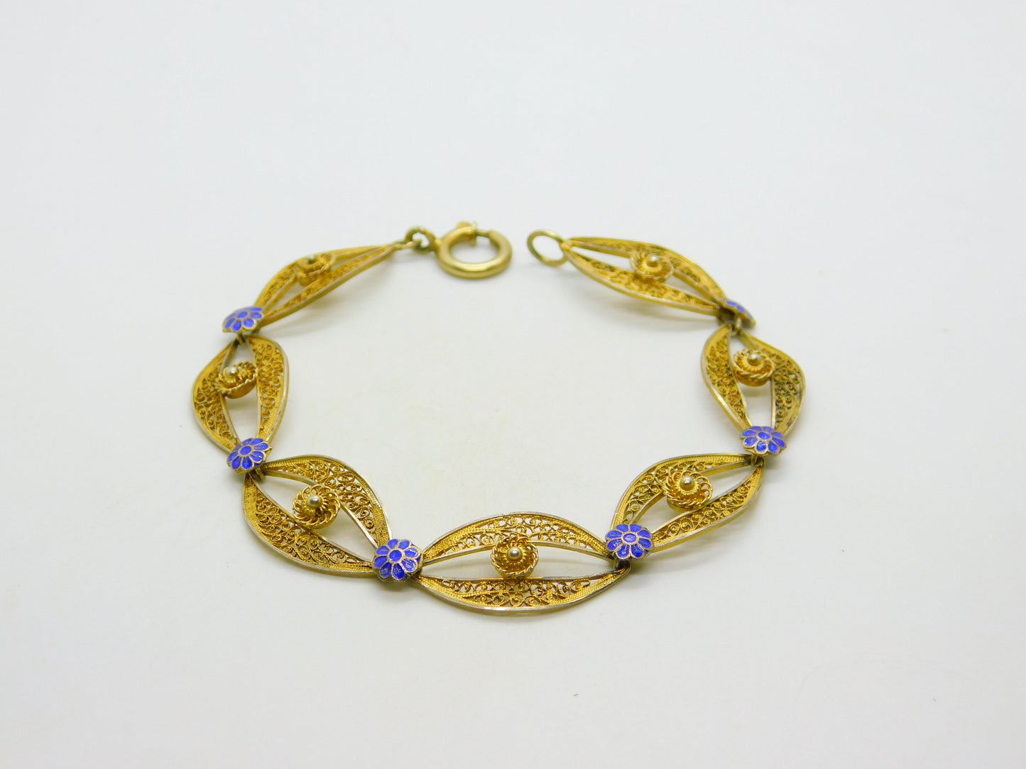 Chinese Export Sterling Silver Gilt & Enamel Floral Filigree Bracelet Mid-Century c1950