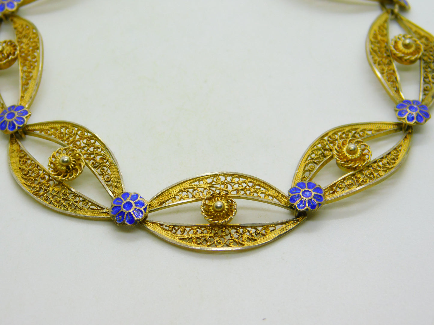 Chinese Export Sterling Silver Gilt & Enamel Floral Filigree Bracelet Mid-Century c1950