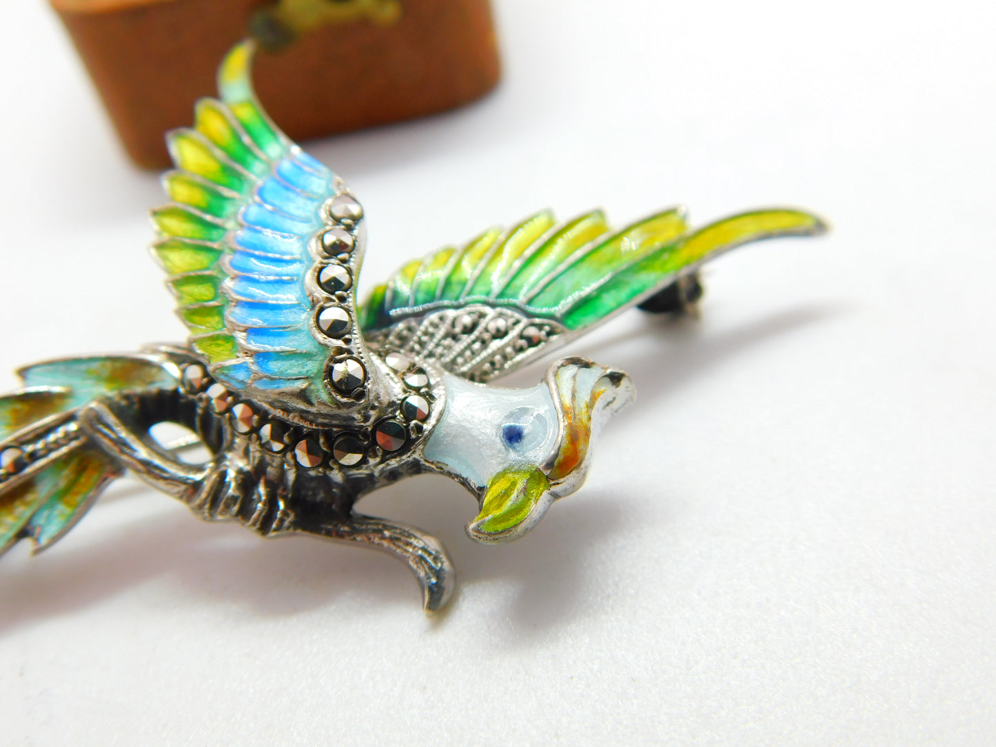 .800 Silver & Colourful Enamel Parrot on Perch Statement Brooch c1990 Vintage