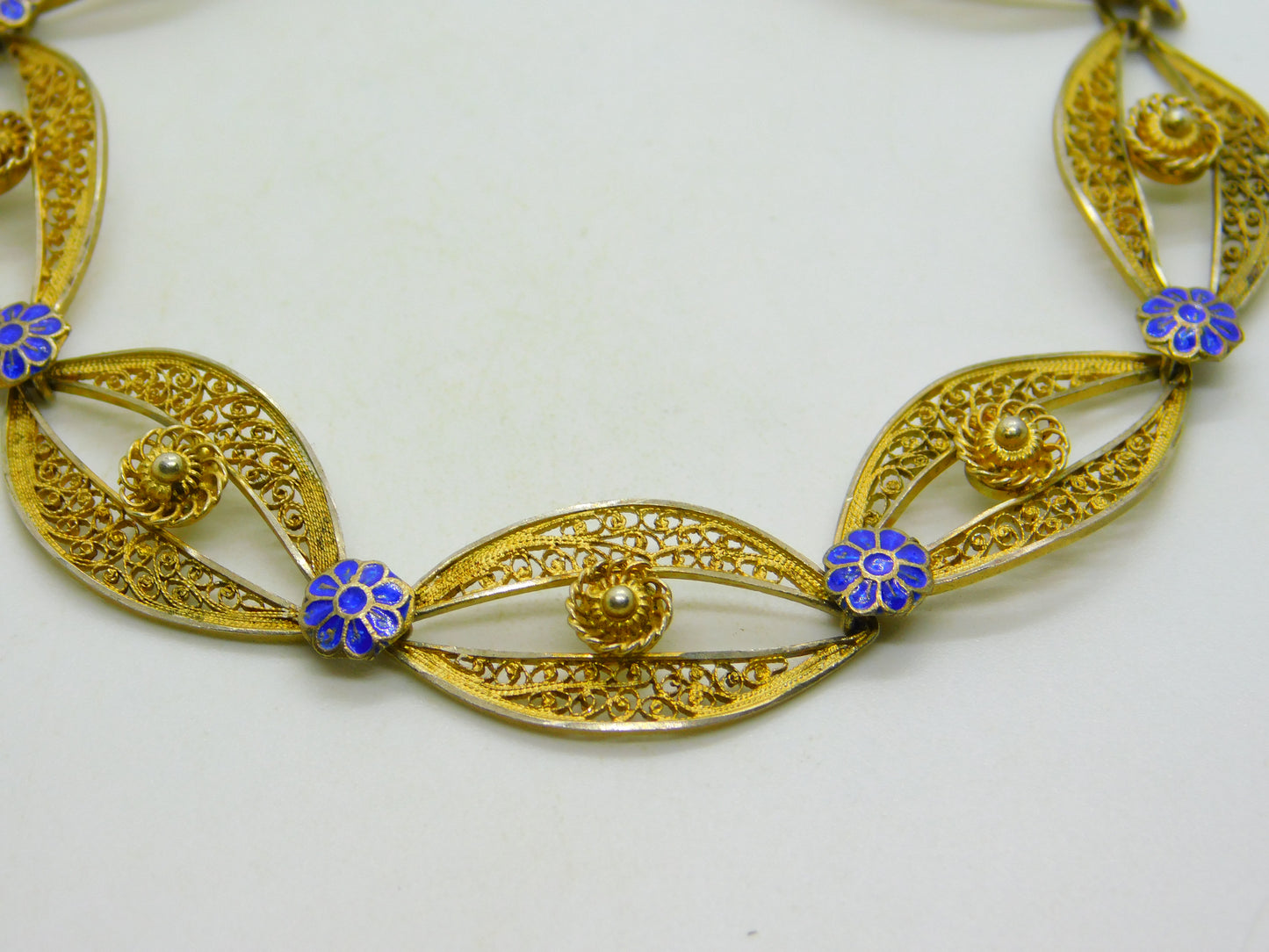 Chinese Export Sterling Silver Gilt & Enamel Floral Filigree Bracelet Mid-Century c1950