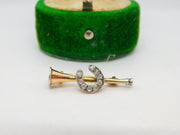 Victorian 15ct Gold & Diamond Horseshoe & Hunting Horn Brooch Antique c1840