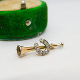 Victorian 15ct Gold & Diamond Horseshoe & Hunting Horn Brooch Antique c1840