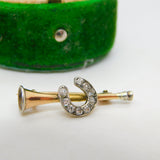 Victorian 15ct Gold & Diamond Horseshoe & Hunting Horn Brooch Antique c1840