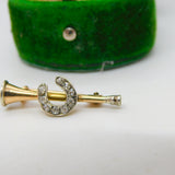 Victorian 15ct Gold & Diamond Horseshoe & Hunting Horn Brooch Antique c1840