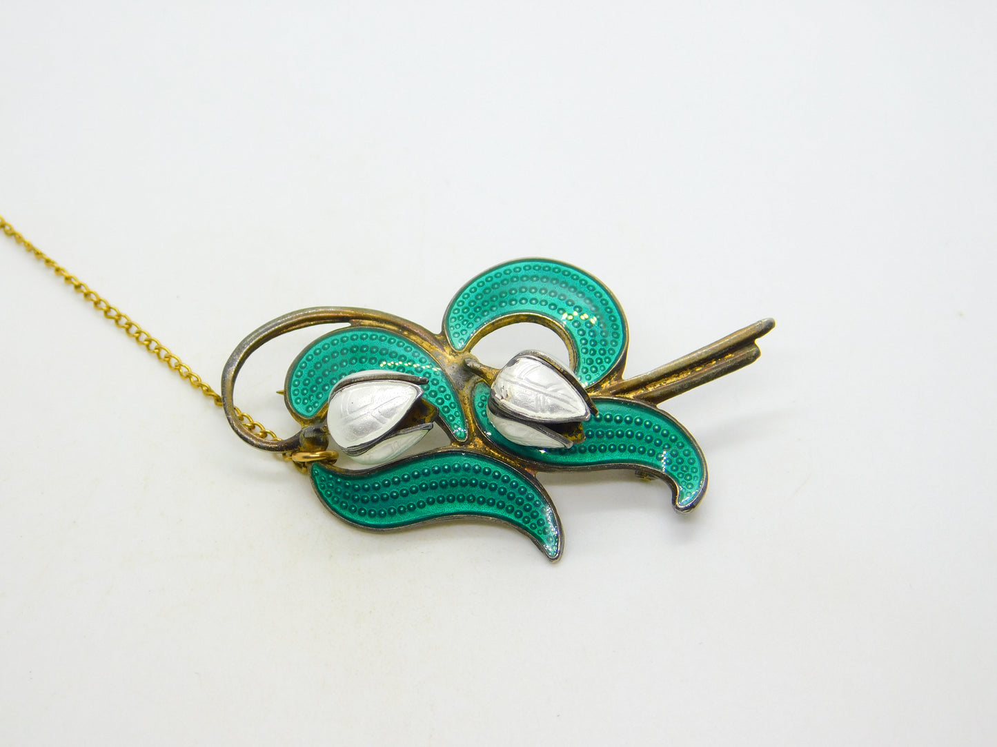 Norwegian Aksel Holmsen Sterling Silver Enamel Snowdrop Flower Brooch Antique c1940