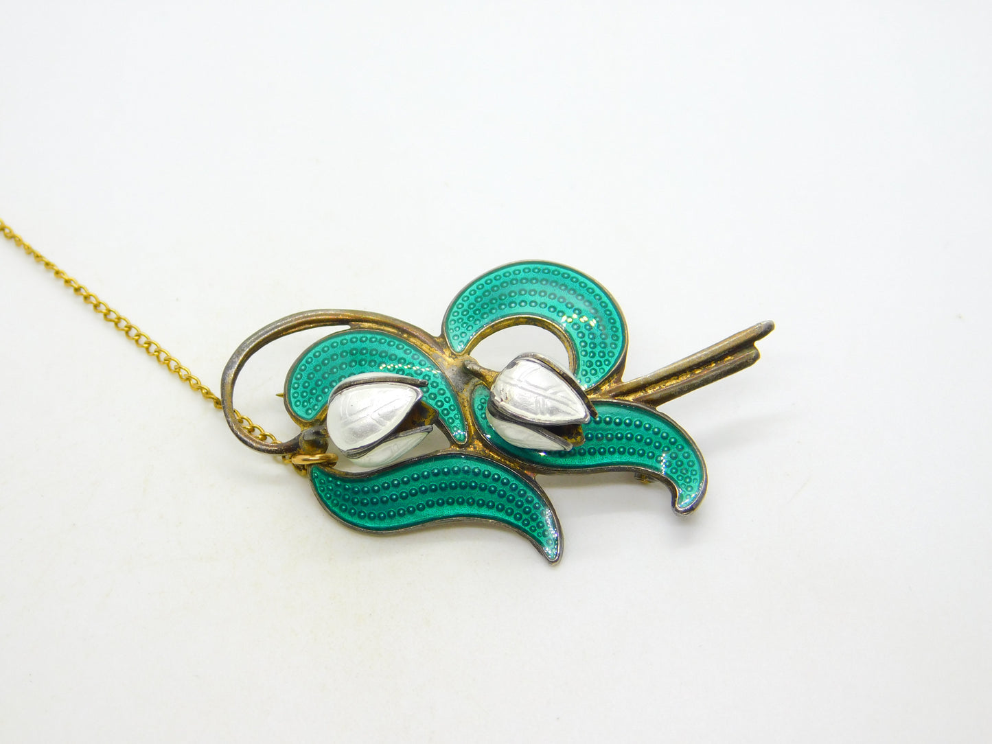 Norwegian Aksel Holmsen Sterling Silver Enamel Snowdrop Flower Brooch Antique c1940