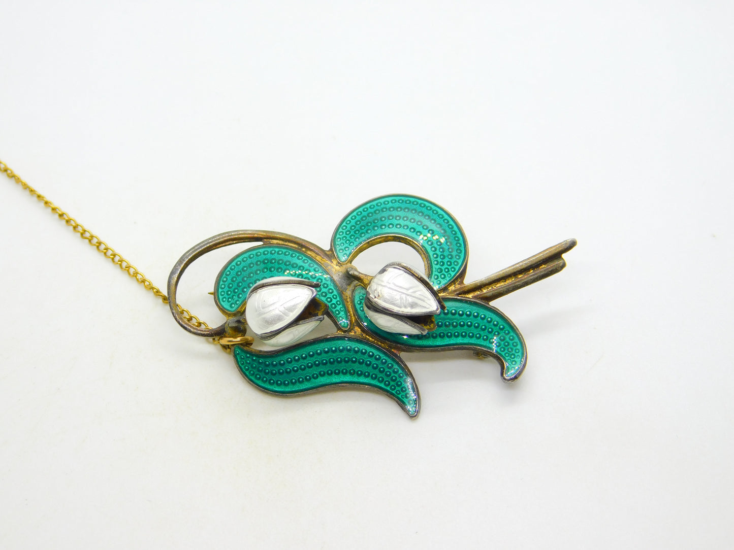 Norwegian Aksel Holmsen Sterling Silver Enamel Snowdrop Flower Brooch Antique c1940