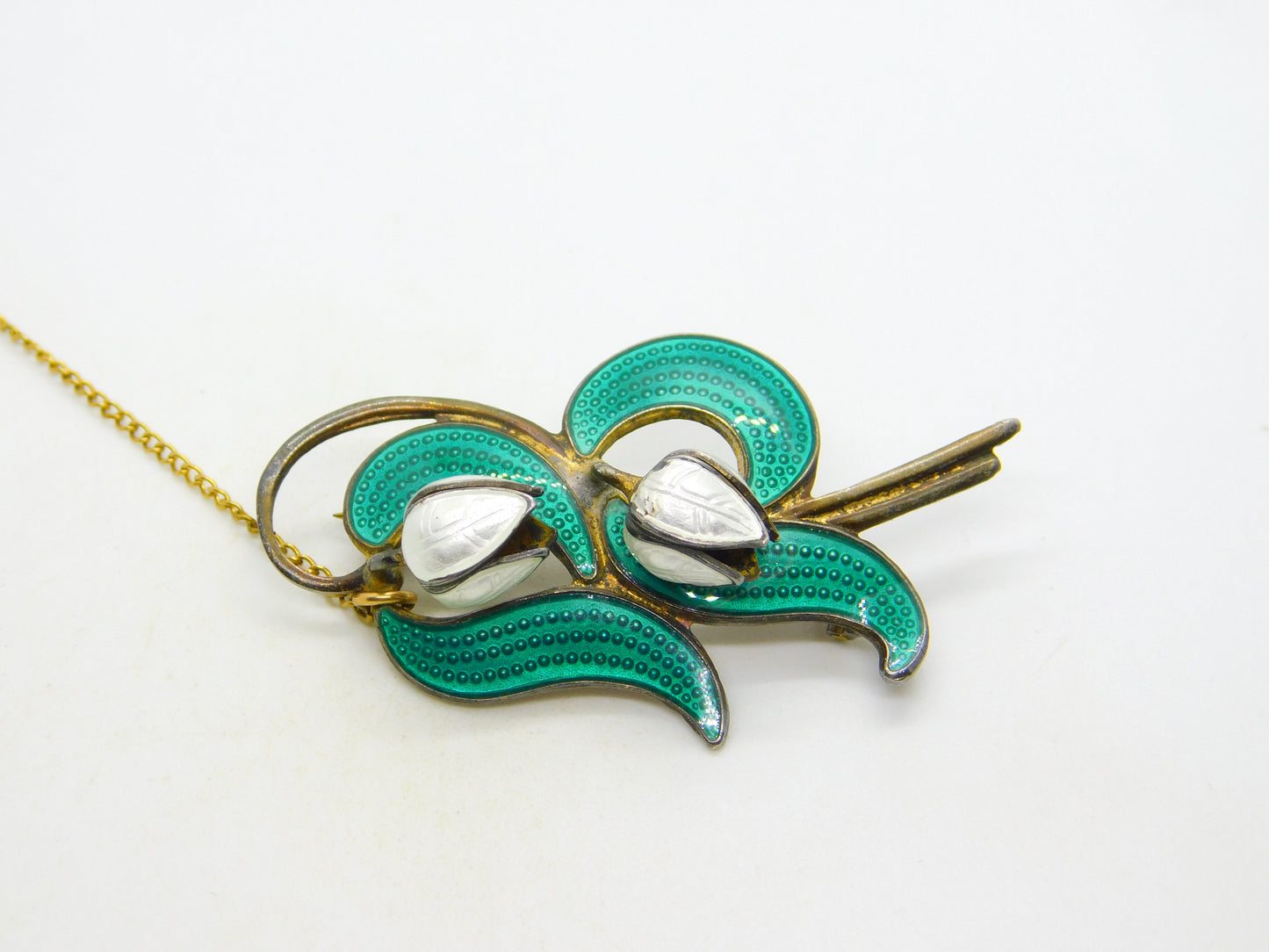 Norwegian Aksel Holmsen Sterling Silver Enamel Snowdrop Flower Brooch Antique c1940
