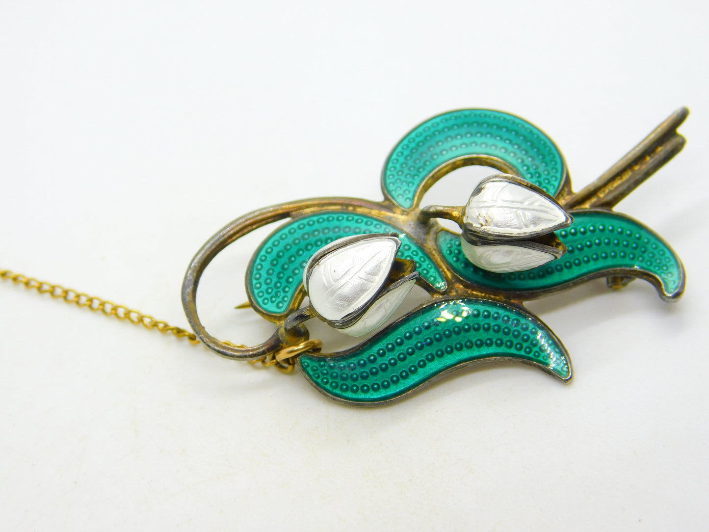Norwegian Aksel Holmsen Sterling Silver Enamel Snowdrop Flower Brooch Antique c1940
