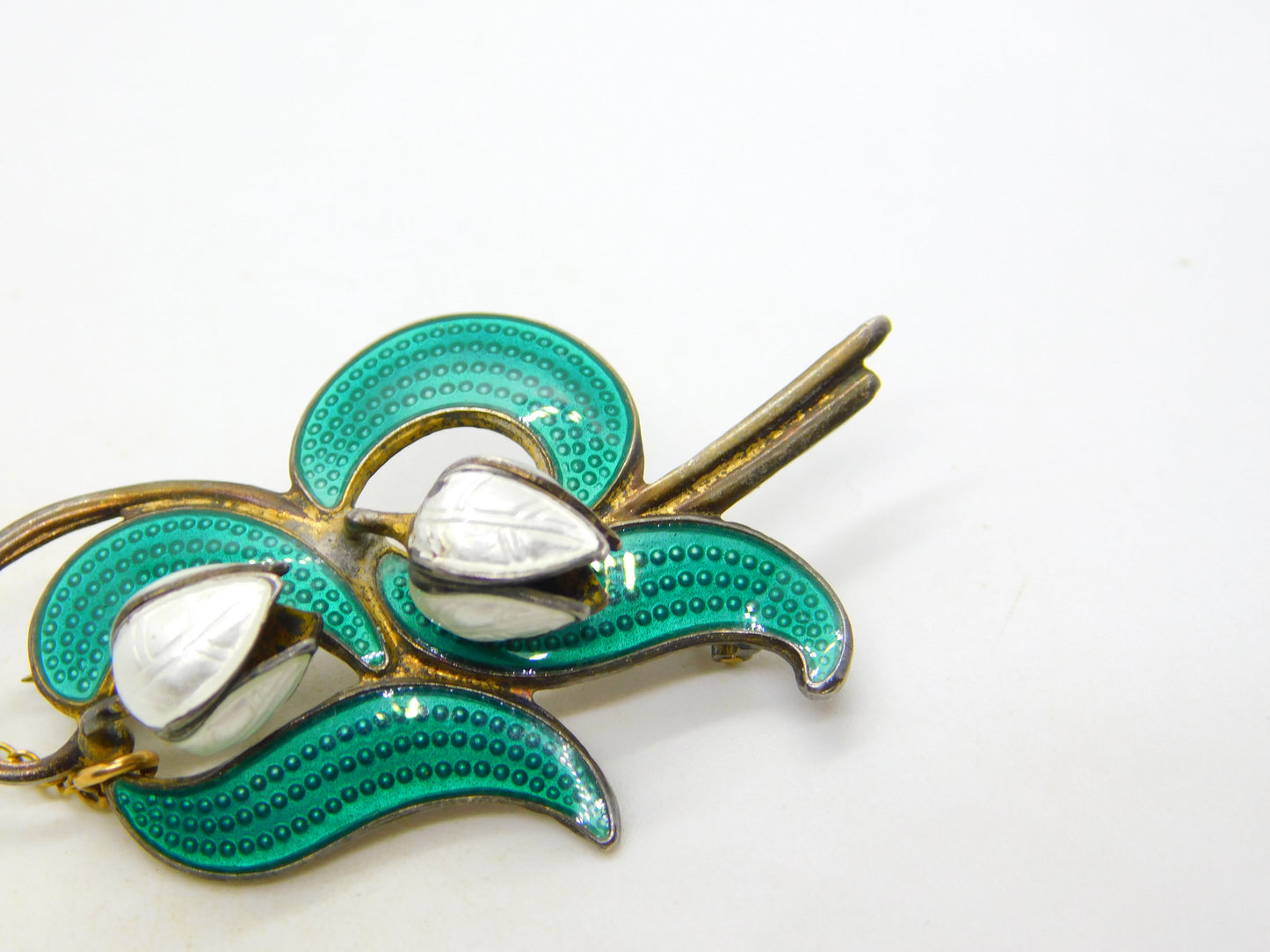 Norwegian Aksel Holmsen Sterling Silver Enamel Snowdrop Flower Brooch Antique c1940