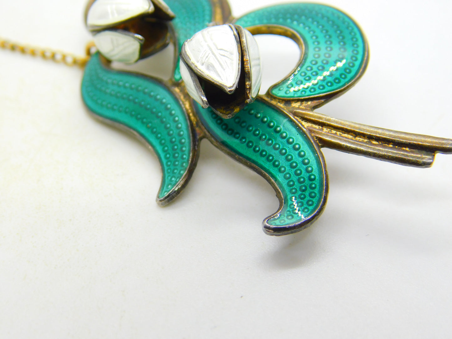 Norwegian Aksel Holmsen Sterling Silver Enamel Snowdrop Flower Brooch Antique c1940