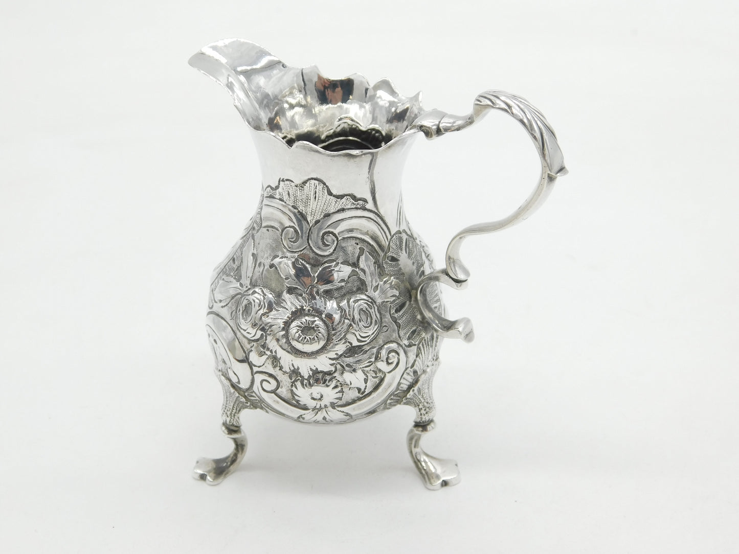 George II Sterling Silver Floral Pattern Paw Foot Cream Jug Antique 1749 London