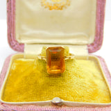 18ct Yellow Gold & Emerald Cut Natural Citrine Cocktail Ring Antique c1920