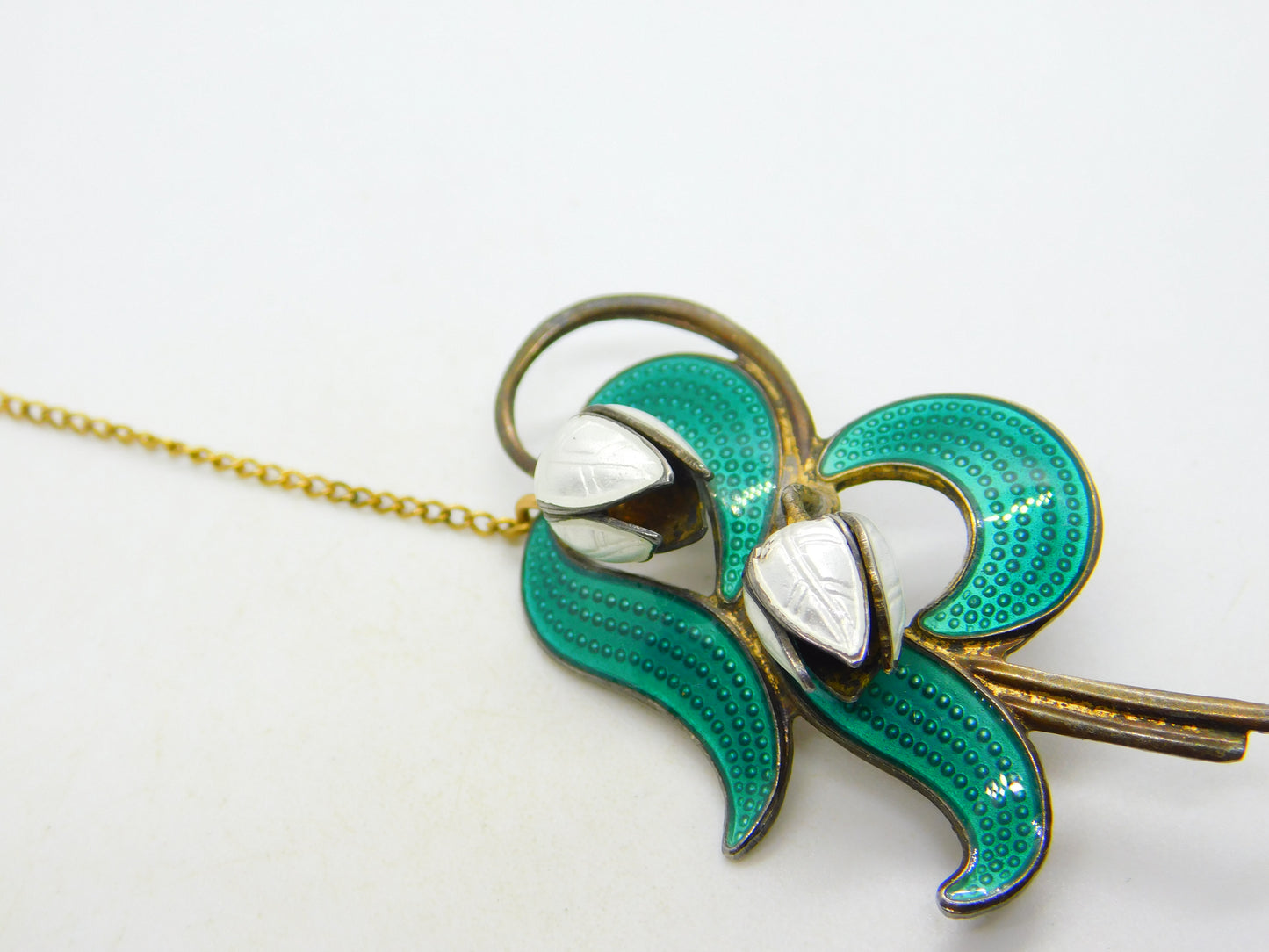 Norwegian Aksel Holmsen Sterling Silver Enamel Snowdrop Flower Brooch Antique c1940