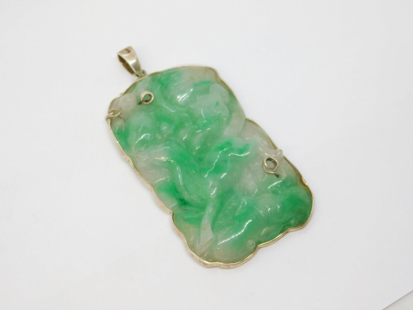 Chinese Sterling Silver Mounted Large Carved Green Jade Deer Pendant Antique c1920