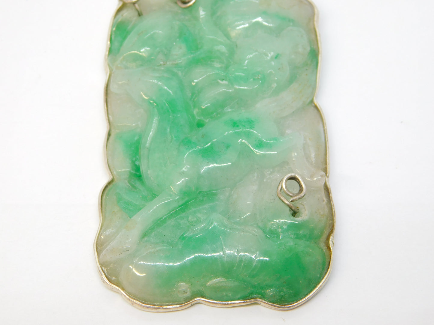 Chinese Sterling Silver Mounted Large Carved Green Jade Deer Pendant Antique c1920