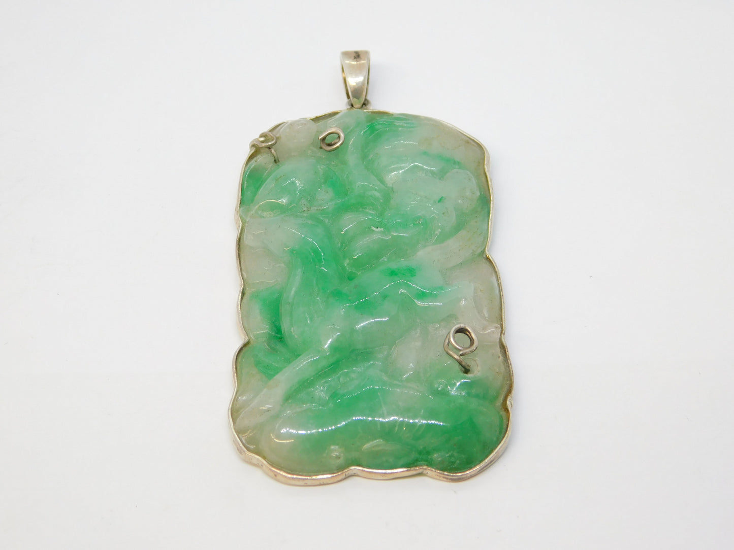 Chinese Sterling Silver Mounted Large Carved Green Jade Deer Pendant Antique c1920