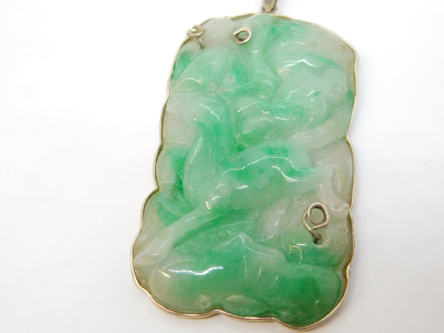 Chinese Sterling Silver Mounted Large Carved Green Jade Deer Pendant Antique c1920