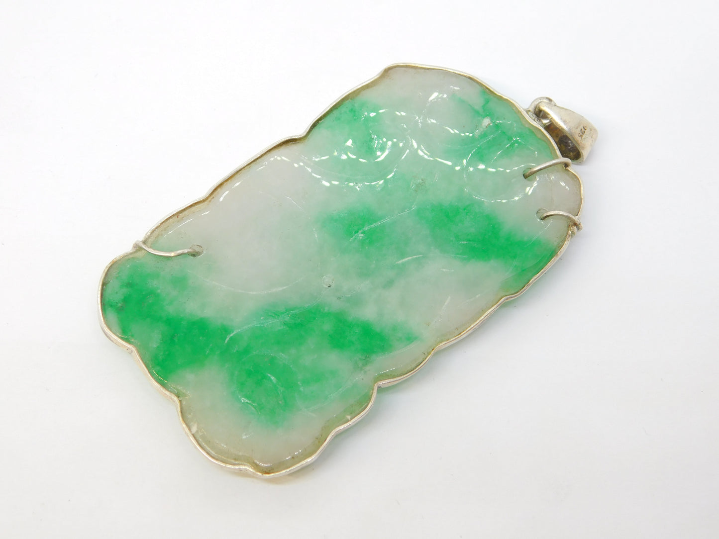 Chinese Sterling Silver Mounted Large Carved Green Jade Deer Pendant Antique c1920