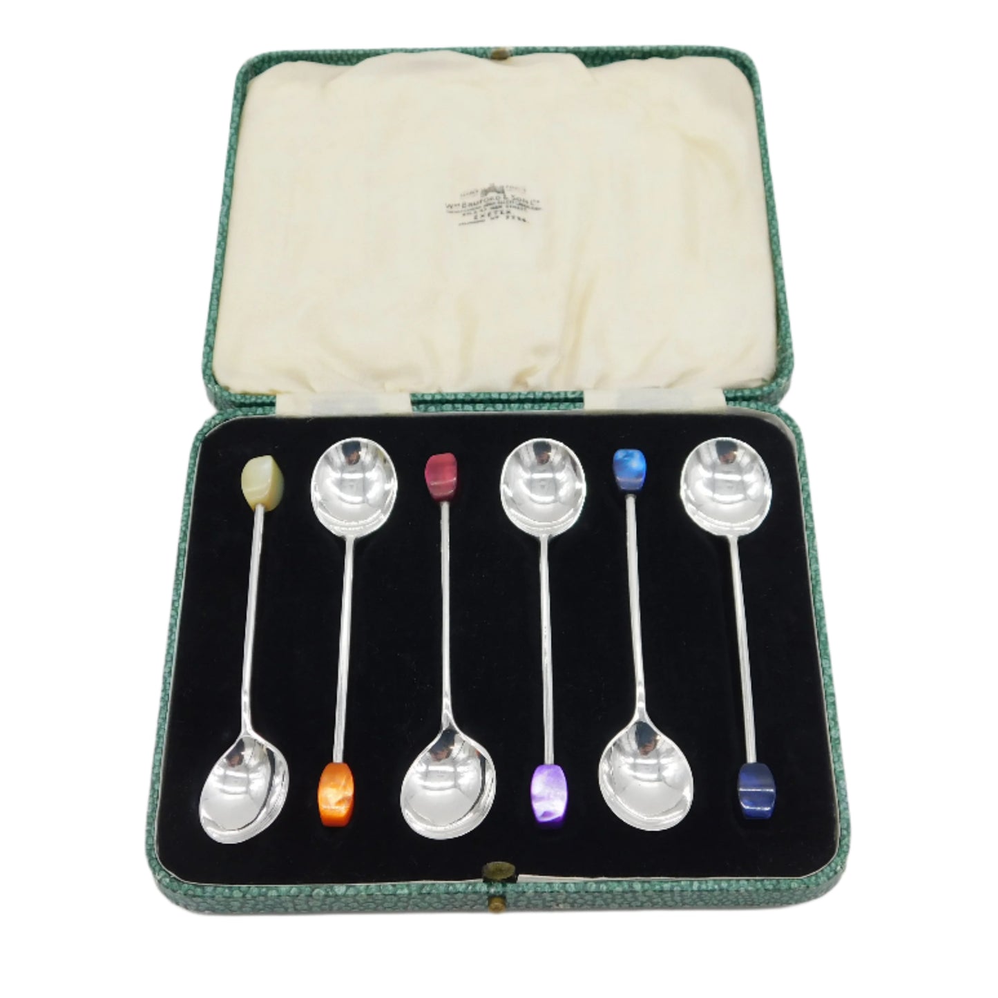 Boxed Sterling Silver Colourful Bakelite Teaspoon Set Antique 1935 Sheffield