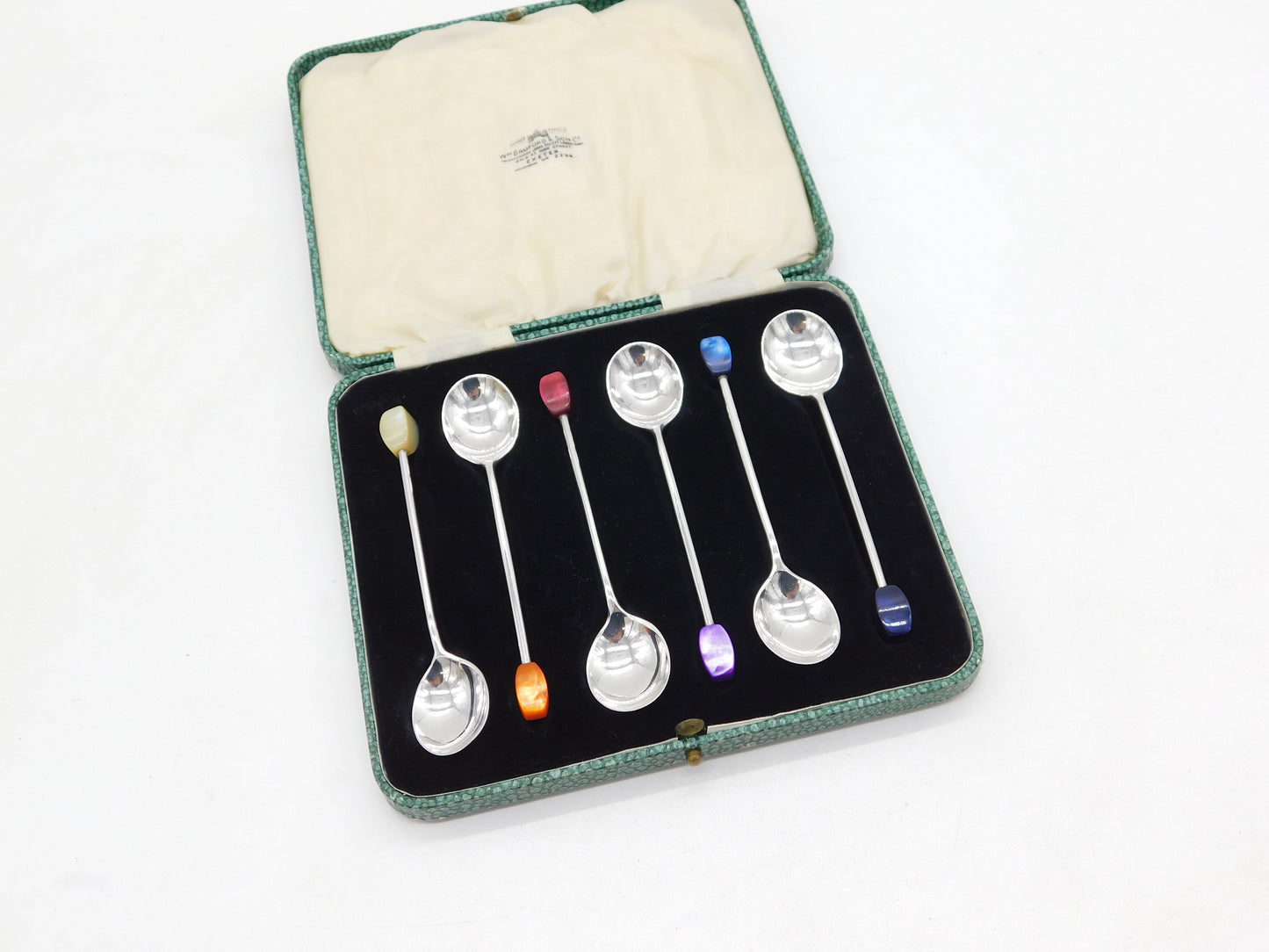 Boxed Sterling Silver Colourful Bakelite Teaspoon Set Antique 1935 Sheffield