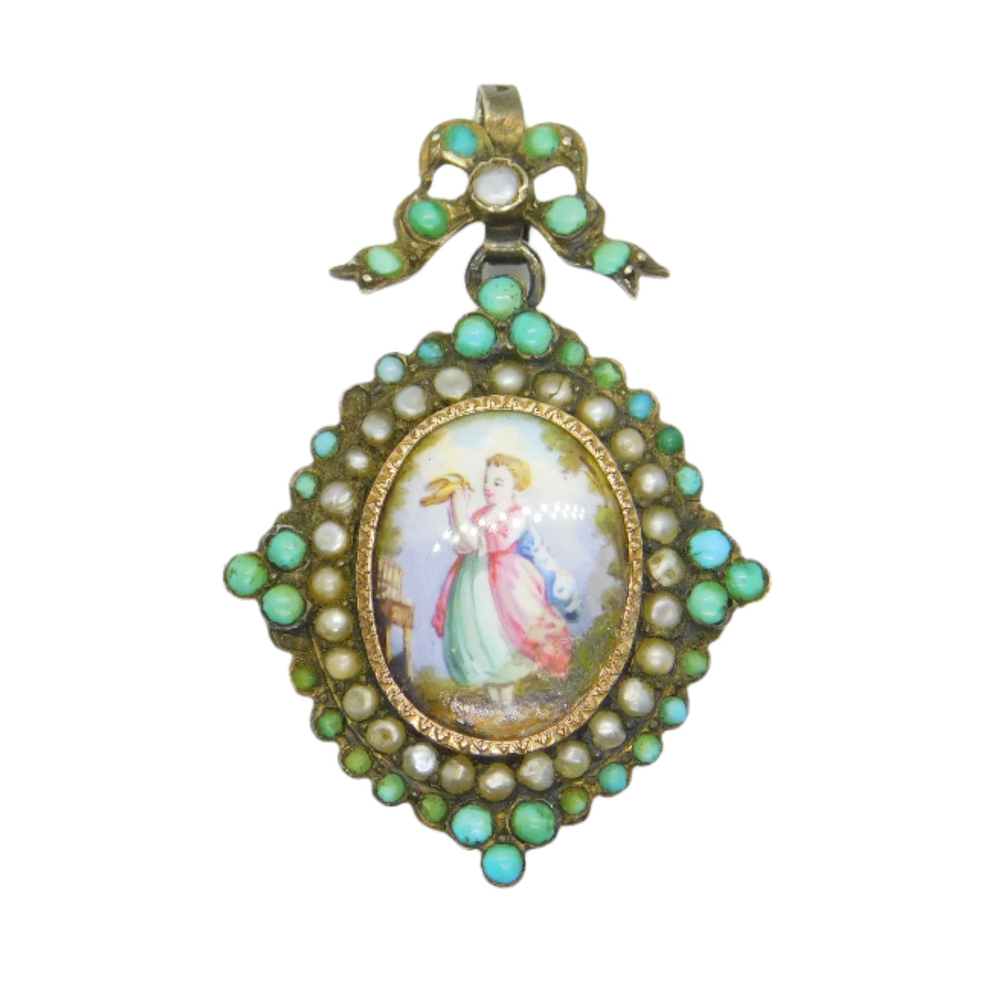 18th Century Austro-Hungarian Sterling Silver, Pearl, Turquoise Mourning Pendant c1790