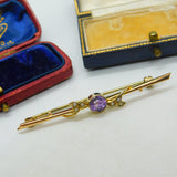 9ct Yellow Gold, Amethyst & Seed Pearl Sweetheart Brooch Antique c1910