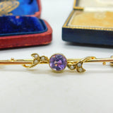 9ct Yellow Gold, Amethyst & Seed Pearl Sweetheart Brooch Antique c1910