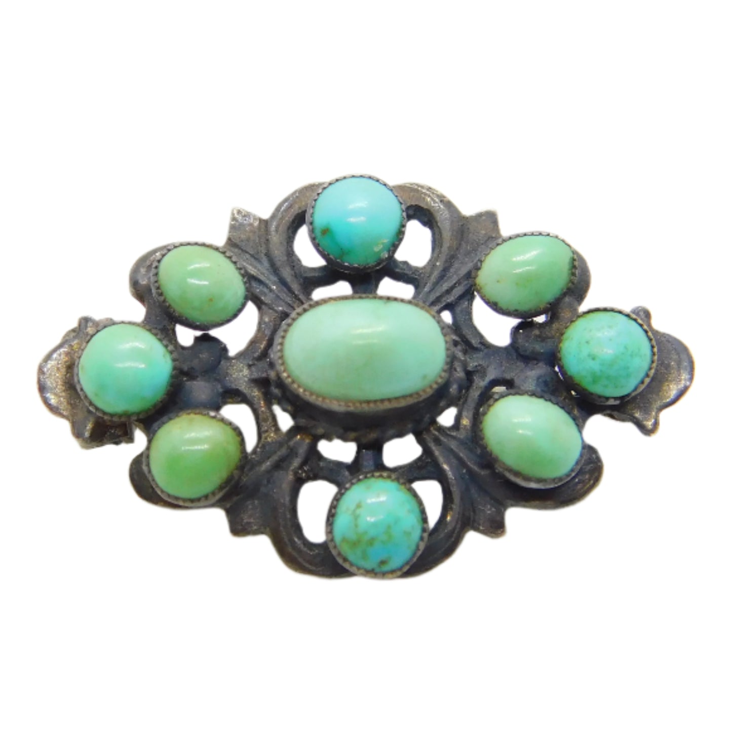 19th Century Austro-Hungarian Sterling Silver Cabochon Turquoise Brooch Antique c1860