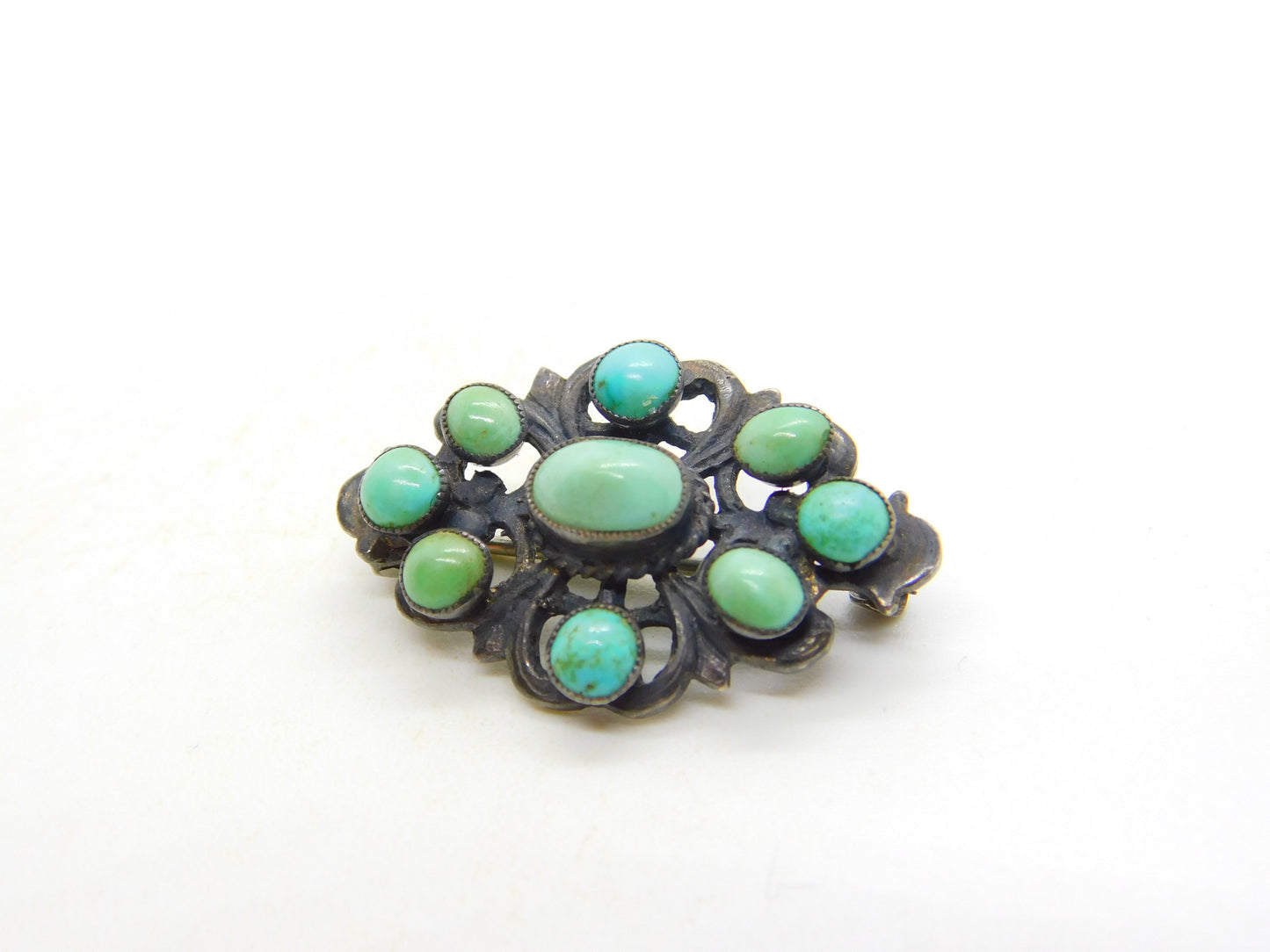 19th Century Austro-Hungarian Sterling Silver Cabochon Turquoise Brooch Antique c1860