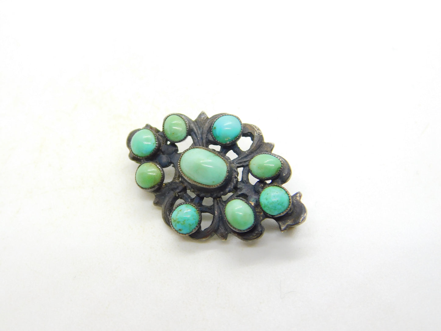 19th Century Austro-Hungarian Sterling Silver Cabochon Turquoise Brooch Antique c1860